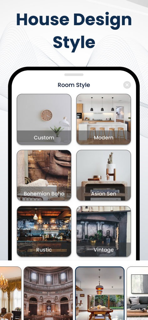 HomeGPT app interface showing a selection of AI interior design styles including modern bohemian and rustic