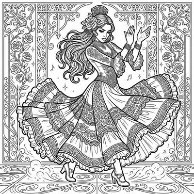 Step into a world where Spanish passion meets dark elegance with this captivating Gothic Flamenco dancer coloring page. Explore intricate details on her dramatic attire and the ornate background, perfect for hours of creative relaxation.