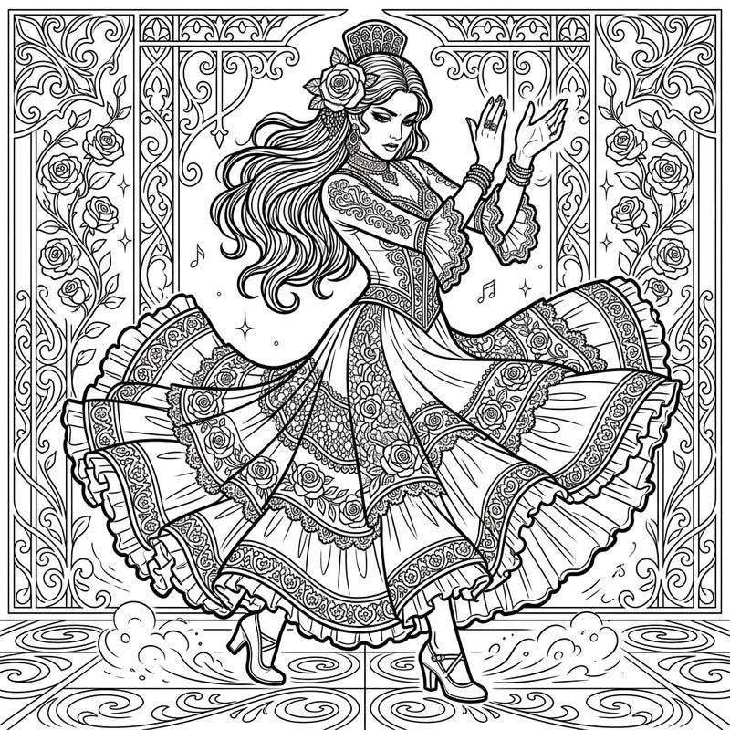 Step into a world where Spanish passion meets dark elegance with this captivating Gothic Flamenco dancer coloring page. Explore intricate details on her dramatic attire and the ornate background, perfect for hours of creative relaxation.