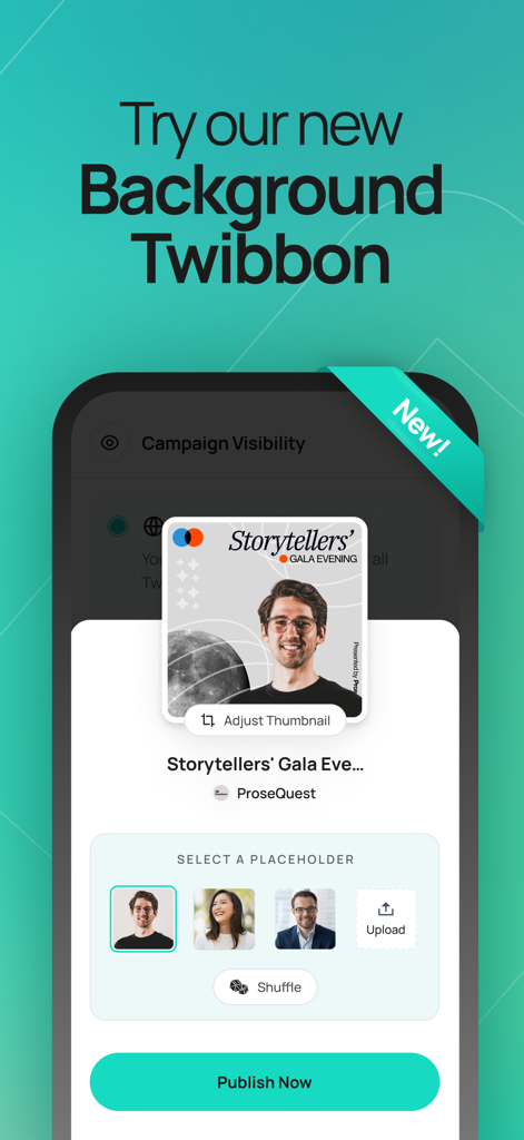 Interfaz de la aplicación Twibbonize mostrando el proceso de creación de un twibbon de fondo personalizado para una campaña