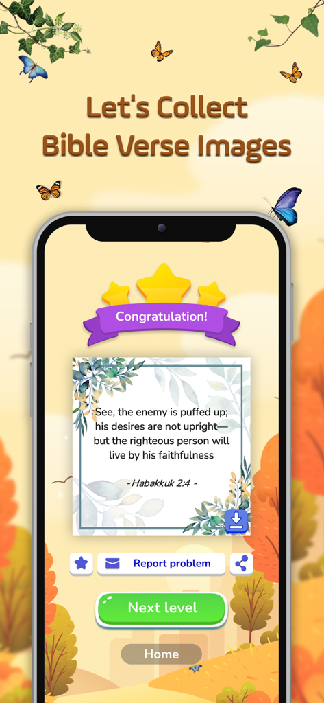 Bible Crossword Games - Mobile app screen showing a congratulations message and a collected Bible verse image from Habakkuk 2:4 in the Bible Crossword Games app.
