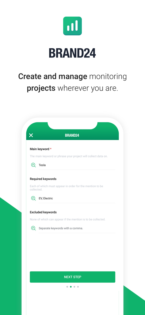 Interface do aplicativo Brand24 para configurar um projeto de monitoramento de mídia com rastreamento de palavras-chave e filtros de exclusão
