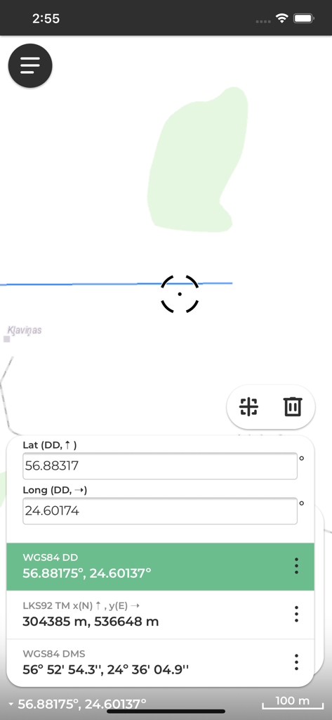 LVM GEO Mobile - LVM GEO Mobile app interface showing geographic coordinates in WGS84 and LKS92 formats