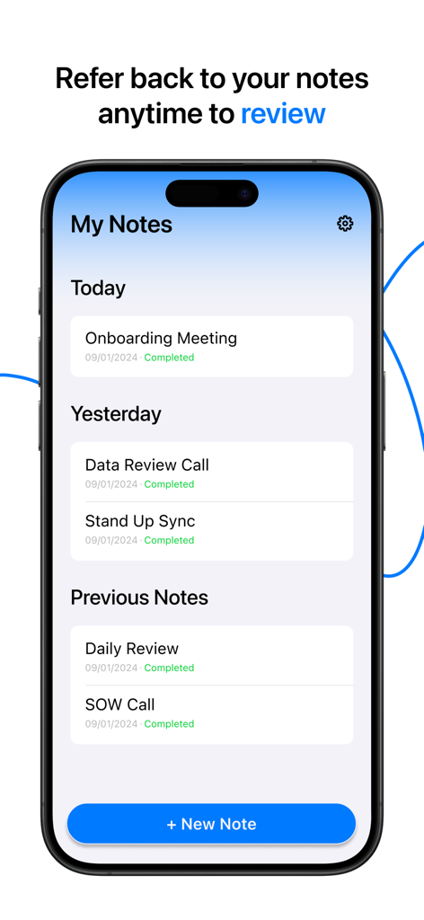 Notely - AI Note Taker - Tela do aplicativo Notely mostrando uma lista cronológica de notas e reuniões gravadas