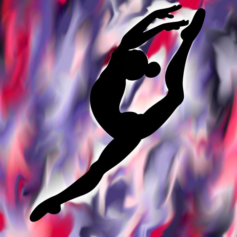 gymnast doing a leap in a leotard with a bent back leg