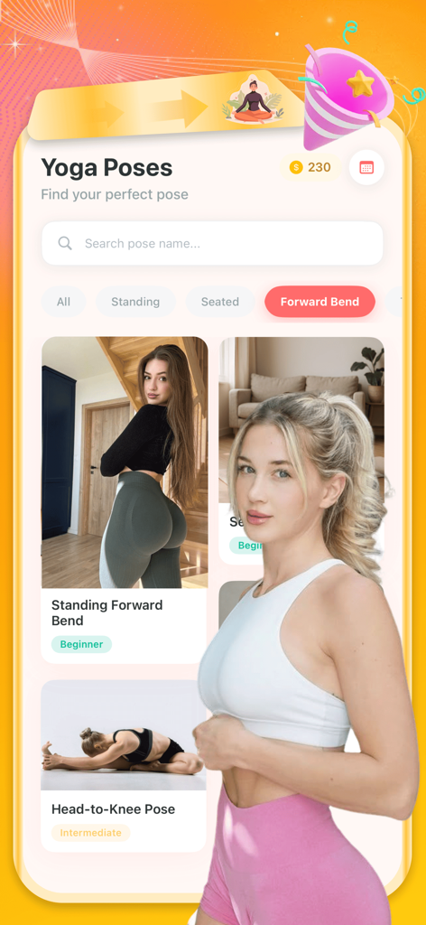 Panas - Echo & Share - A search interface for yoga poses in the Panas app featuring categories like standing seated and forward bend