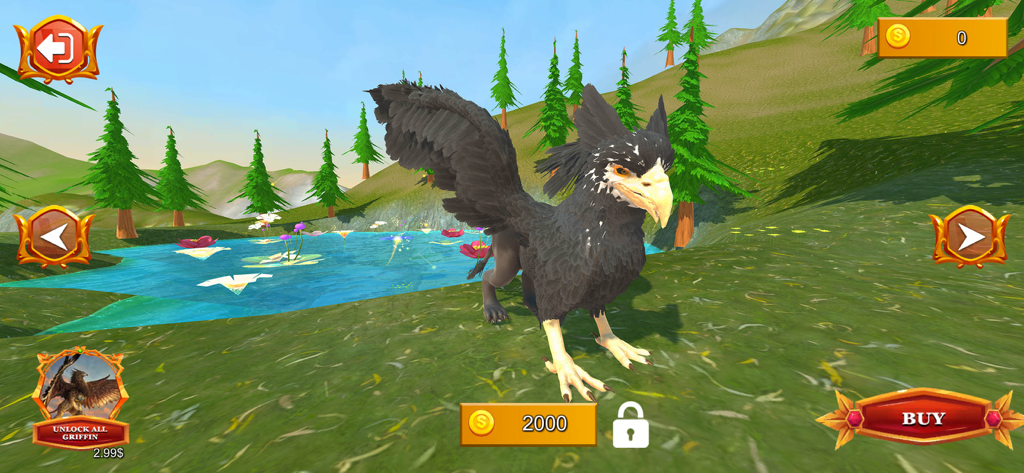 Griffin Life Simulator Game - Character selection menu in Griffin Life Simulator Game showing a black griffin model in a 3D jungle landscape