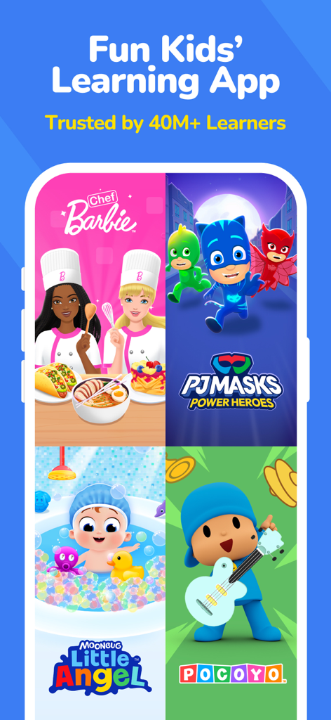 Kiddopia kids learning app featuring popular characters like Barbie PJ Masks Little Angel and Pocoyo