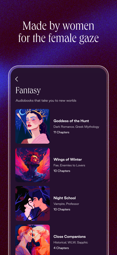 Interface of the Dipsea app showing a list of fantasy romance audiobooks including Goddess of the Hunt and Wings of Winter.