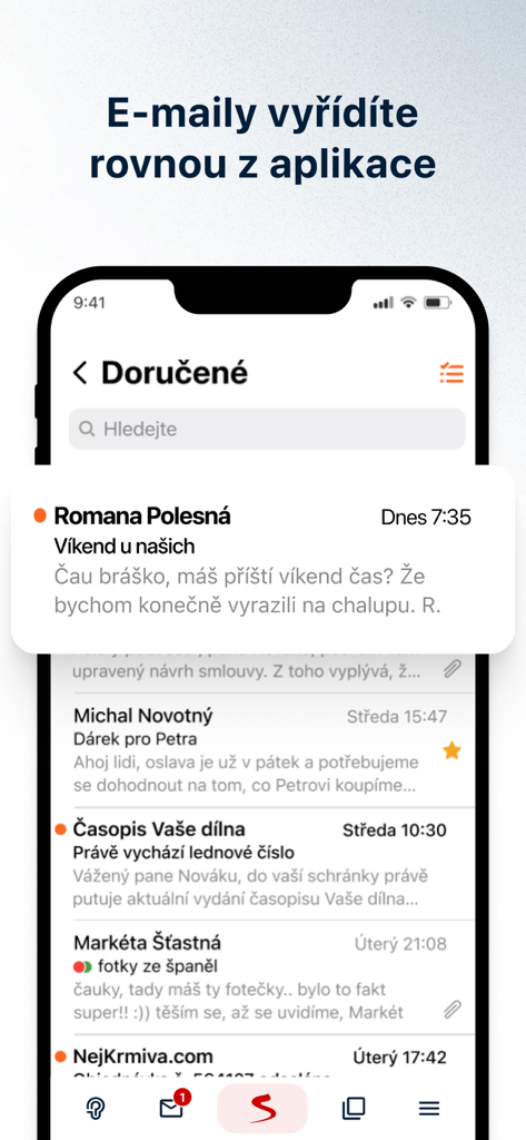 Seznam.cz mobile app displaying a Czech email inbox with message previews and a notification
