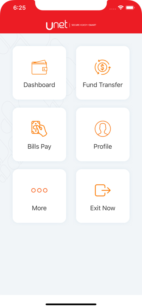 Pantalla de inicio de la aplicación de banca móvil UCB Unet con panel y opciones de transferencia de fondos