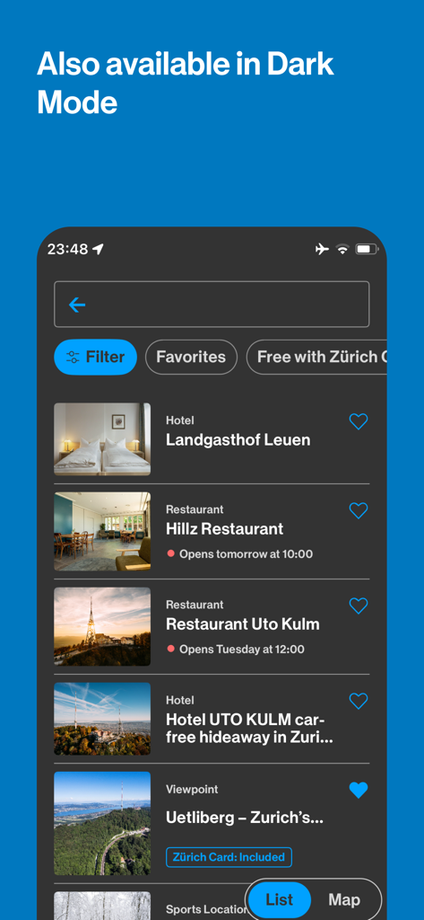 Zürich City Guide - Screenshot of the Zurich City Guide app interface in dark mode showing a list of local hotels and restaurants