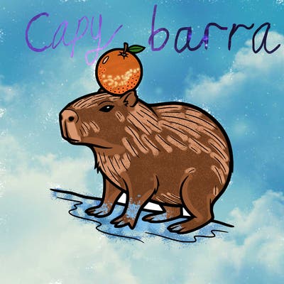 a capybarra with an orange 
on 
it's head