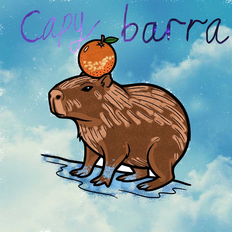 a capybarra with an orange 
on 
it's head