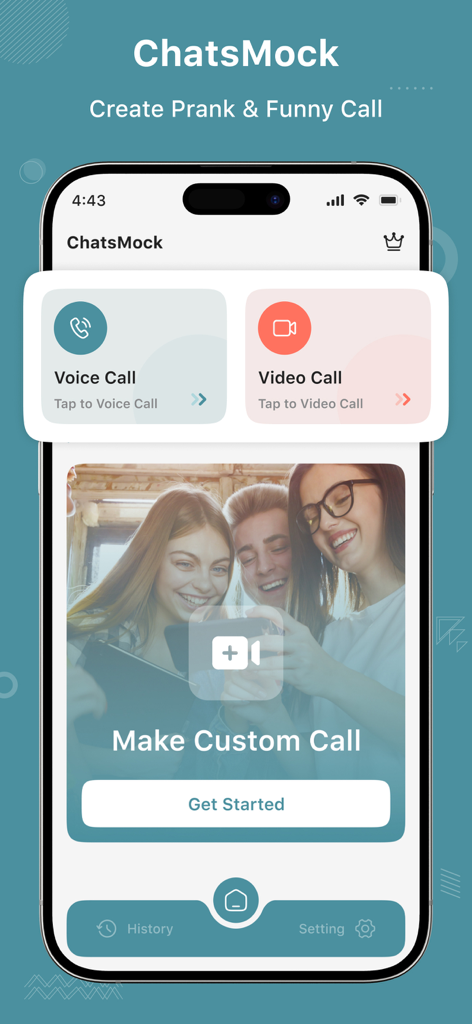 ChatsMock - Tableau de bord principal de l'application ChatsMock montrant les options d'appels de farce vocaux et vidéo avec un bouton pour créer un appel personnalisé.