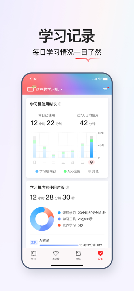学而思亲子 - Dashboard of the Xueersi Parent app showing a child's learning machine usage statistics and daily activity reports