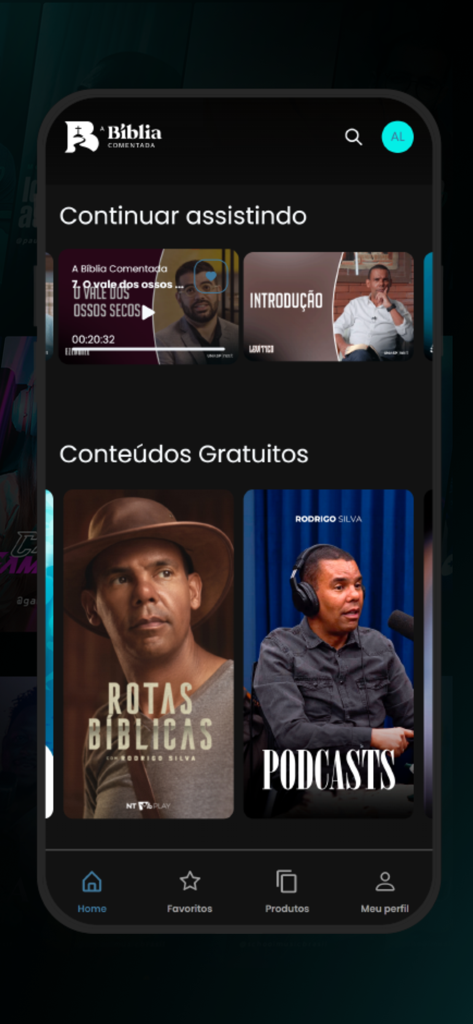 Interface do aplicativo A Bíblia Comentada mostrando cursos em vídeo e podcasts do Dr. Rodrigo Silva
