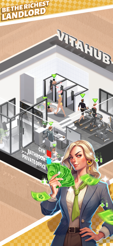 A successful woman holding cash in front of a building interior showing a gym and private office