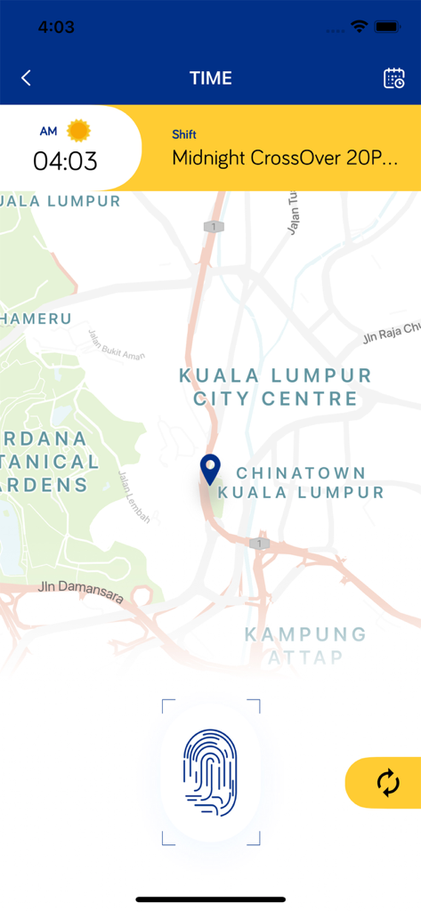 MiHCM mobile app time attendance interface with location map and fingerprint biometric scan
