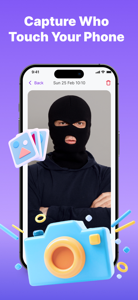 ClapRing: Find Phone By Clap - Screenshot of the ClapRing intruder alarm feature capturing a phone thief photo