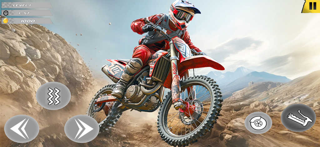 Off-road Dirt Bike Racing Game - Un motard de moto tout-terrain effectuant un saut sur une piste tout-terrain rocheuse.