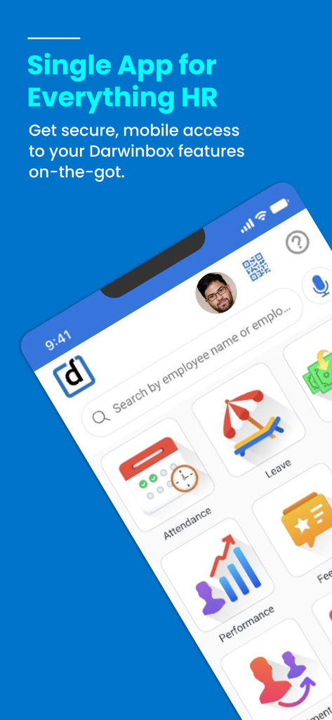 Darwinbox - Darwinbox mobile app dashboard showing HR modules like attendance and performance