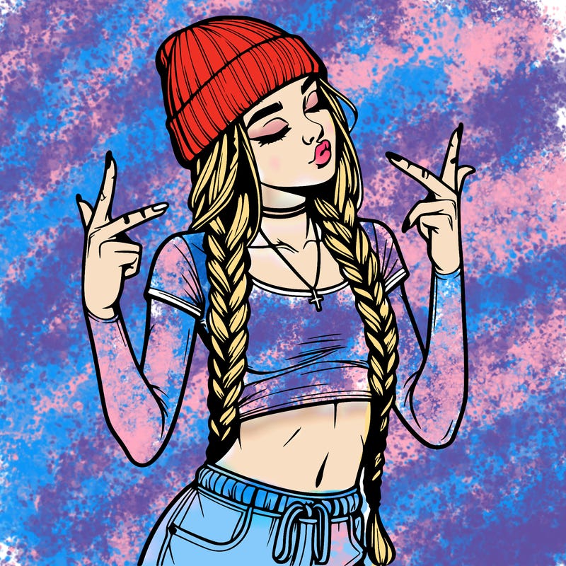 realistic teenage girl with braids and a beanie and crop top doing 🫶🏼