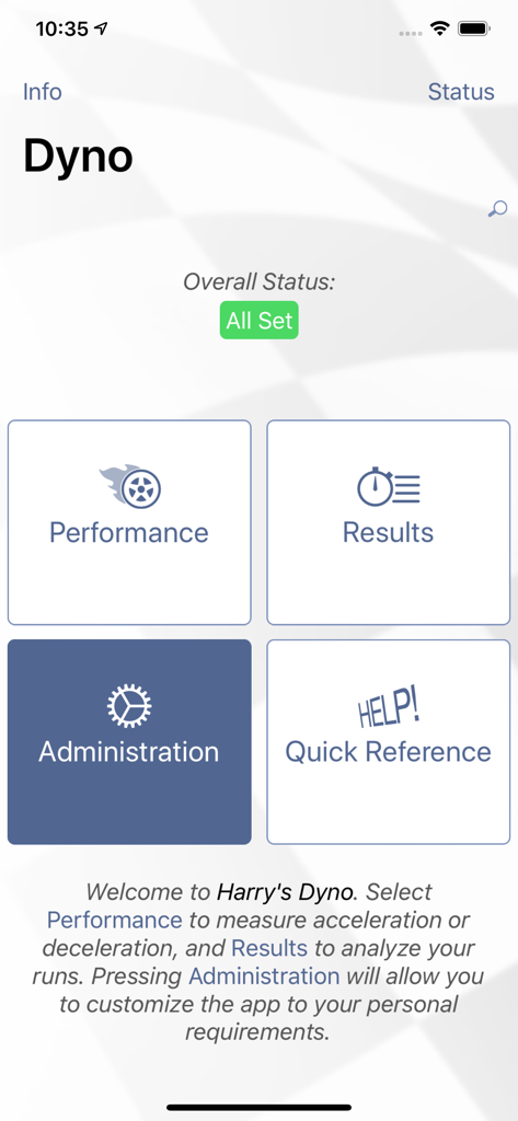 Main dashboard of Harrys Dyno app showing performance and results options
