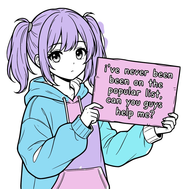 a cute anime girl with a sign saying  i’ve never been on the popular list, can you guys help me?