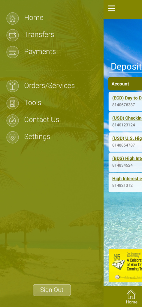 Grenada Co-operative Bank Ltd - Side navigation menu of the Grenada Co-operative Bank mobile app featuring Home, Transfers, and Payments options.