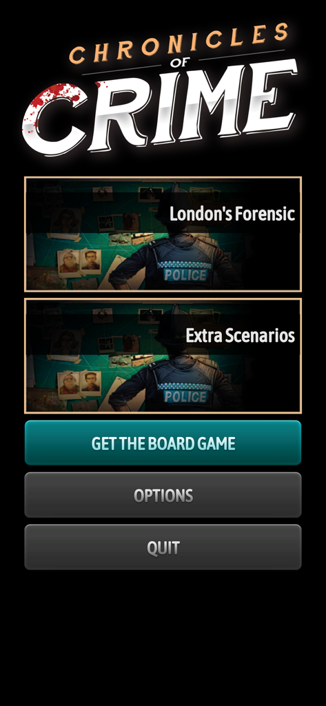 Chronicles of Crime - Main menu of the Chronicles of Crime app showing London Forensic and Extra Scenarios options