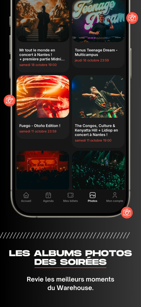 Warehouse - Screen of the Warehouse app showing a gallery of photo albums from past concert and club events