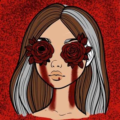 a realistic girl with roses for eyes