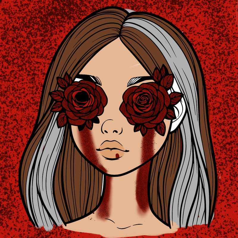 a realistic girl with roses for eyes