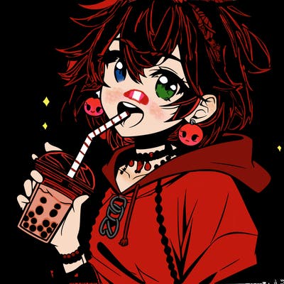 hot baddie anime girl drinking boba and biting the straw