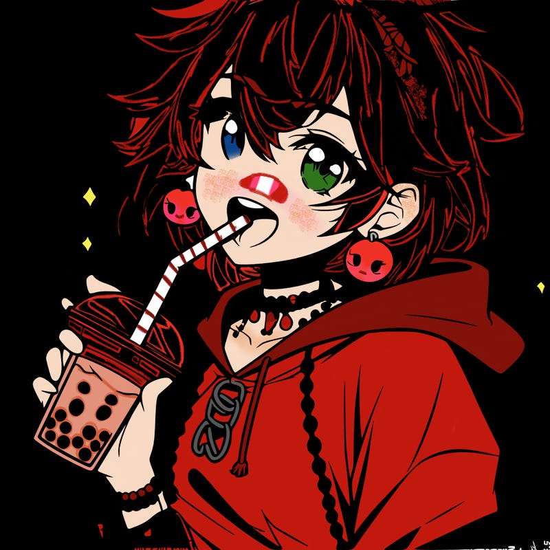 hot baddie anime girl drinking boba and biting the straw