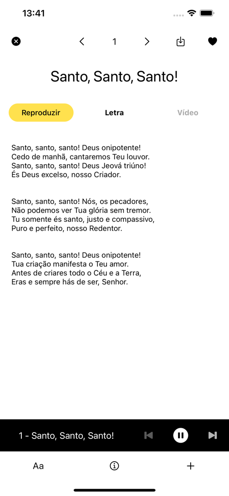 Novo Hinário Adventista - Interface do aplicativo Novo Hinario Adventista exibindo as letras do hino Santo Santo Santo com controles de reprodução de áudio