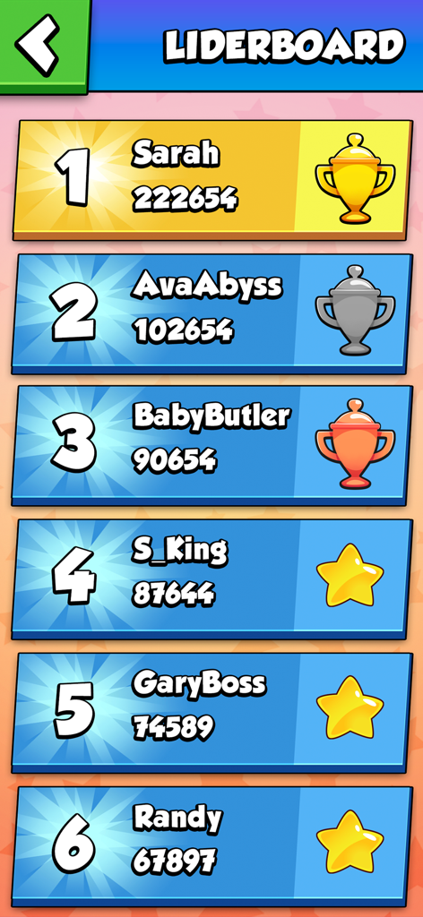 Colormania - Guess the Colors - A leaderboard screen in Colormania showing top players with scores and trophies