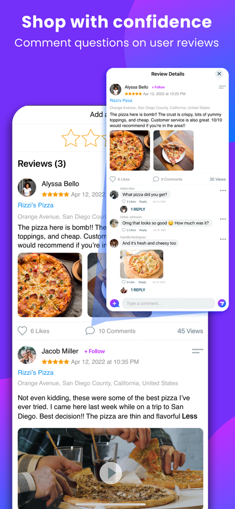 Netbinc: Social, Videos, Chat - Interface of the Netbinc app showing user reviews for a local pizza shop with photos and interactive social comments