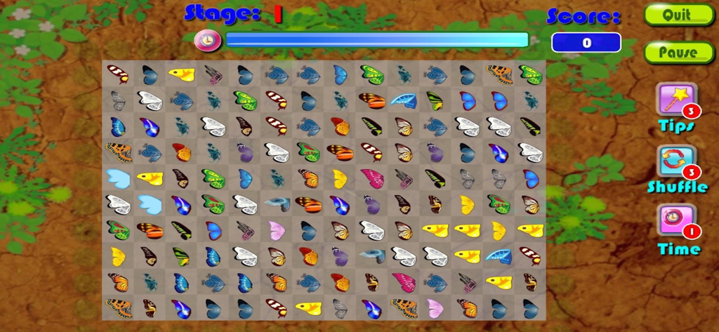 Pantalla de juego de ButterflyLink con una cuadrícula de alas de mariposa para conectar fichas