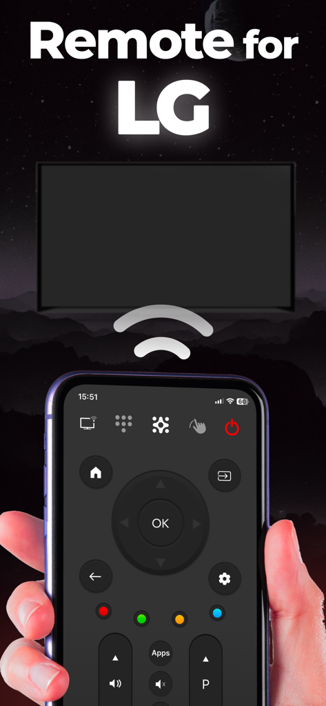 LGee : TV Remote - Una mano che tiene uno smartphone che mostra l'interfaccia del telecomando LGee per i televisori smart LG