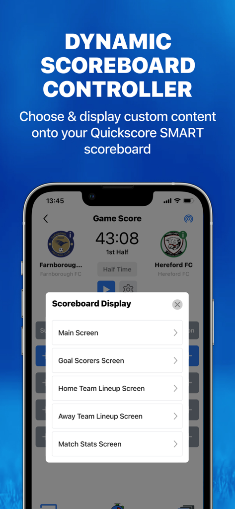 QS Football PRO - Smartphone screen showing the QS Football PRO app scoreboard display controller menu with options for main screen and team lineups