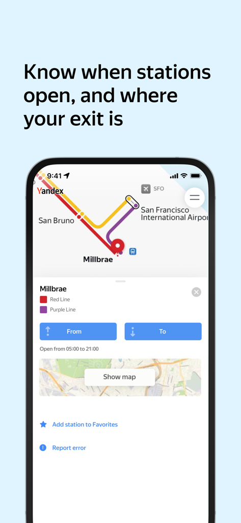 Yandex Metro - Yandex Metro app interface showing Millbrae station details and operating hours in San Francisco