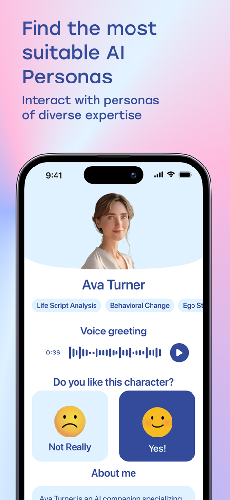 Pantalla móvil de la aplicación OhSofia que muestra el perfil de una IA llamada Ava Turner con etiquetas de experiencia en cambio de comportamiento y análisis de guiones de vida