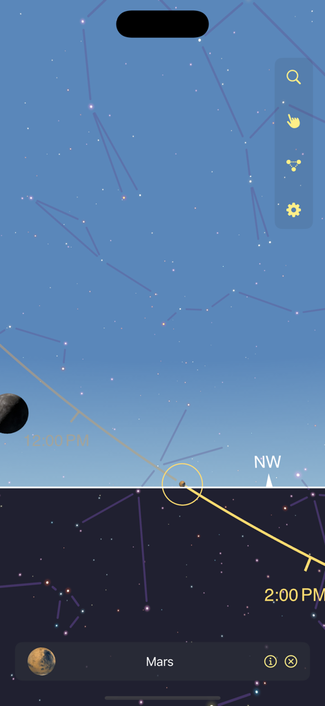 PlanetFinder Pro app interface tracking Mars and displaying constellations in the night sky