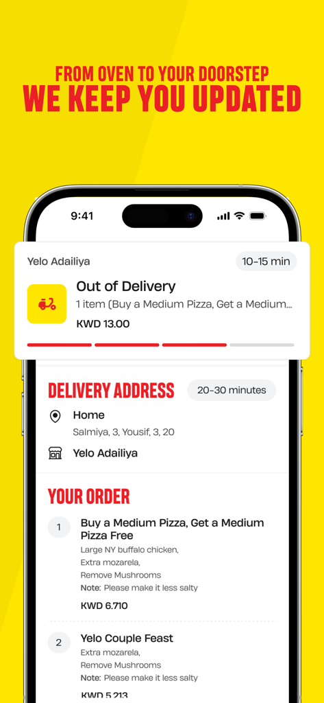 Yelo Pizza - Pantalla de smartphone que muestra el seguimiento de pedidos e información de entrega de la aplicación Yelo Pizza.