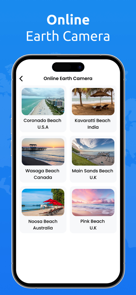 GPS Phone Location Map Tracker - Screenshot of the Online Earth Camera feature showing a selection of beach locations worldwide