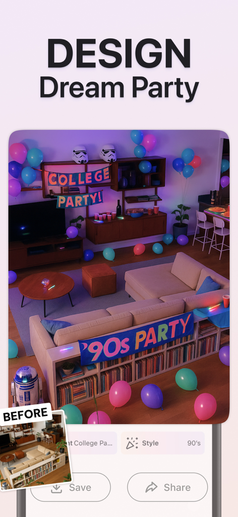 AI Party Design: Event Planner - AIが、カラフルな風船とバナーで飾られた、90年代をテーマにしたカレッジパーティーに変身したリビングルームのビジュアル