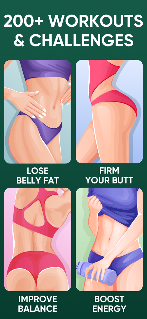 Pilates at Home by I'mprove - Marketing graphic for Pilates at Home app featuring workout goals like lose belly fat firm butt improve balance and boost energy