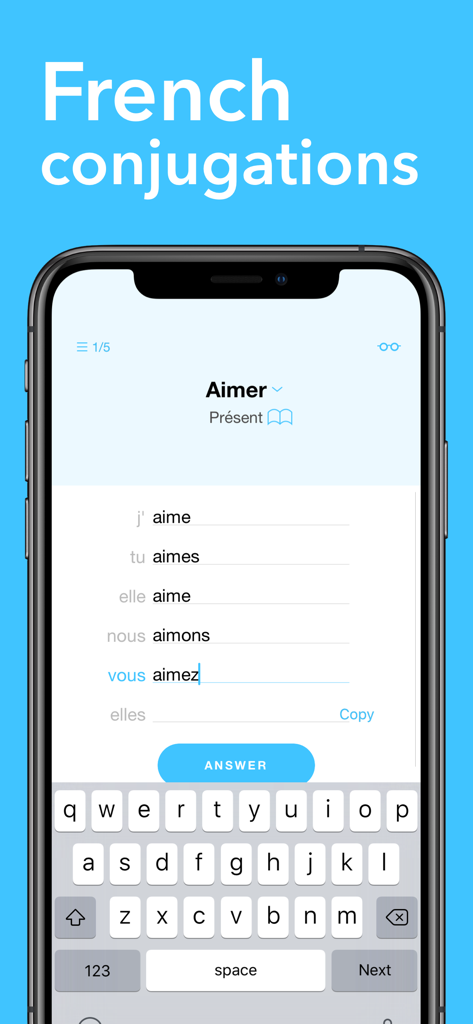 Conjuu - French Conjugation - Mobile app interface showing a French verb conjugation quiz for the verb Aimer